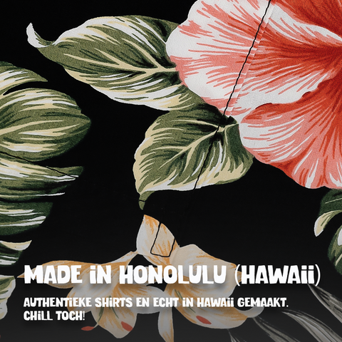 Hawaii shirt Hibiscus Zwart, gemaakt in Honolulu, Hawaii