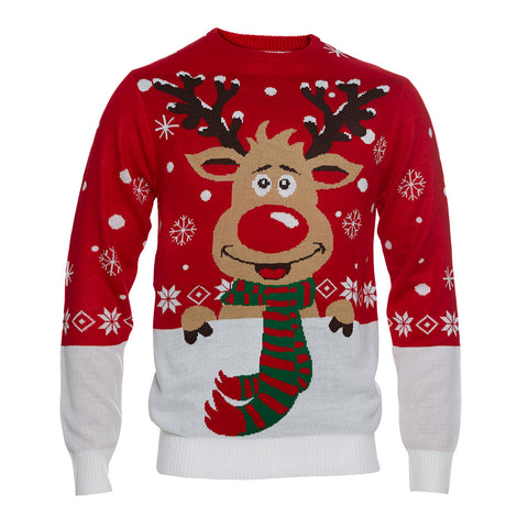 En julesweater med Rudolf og snefnug på.